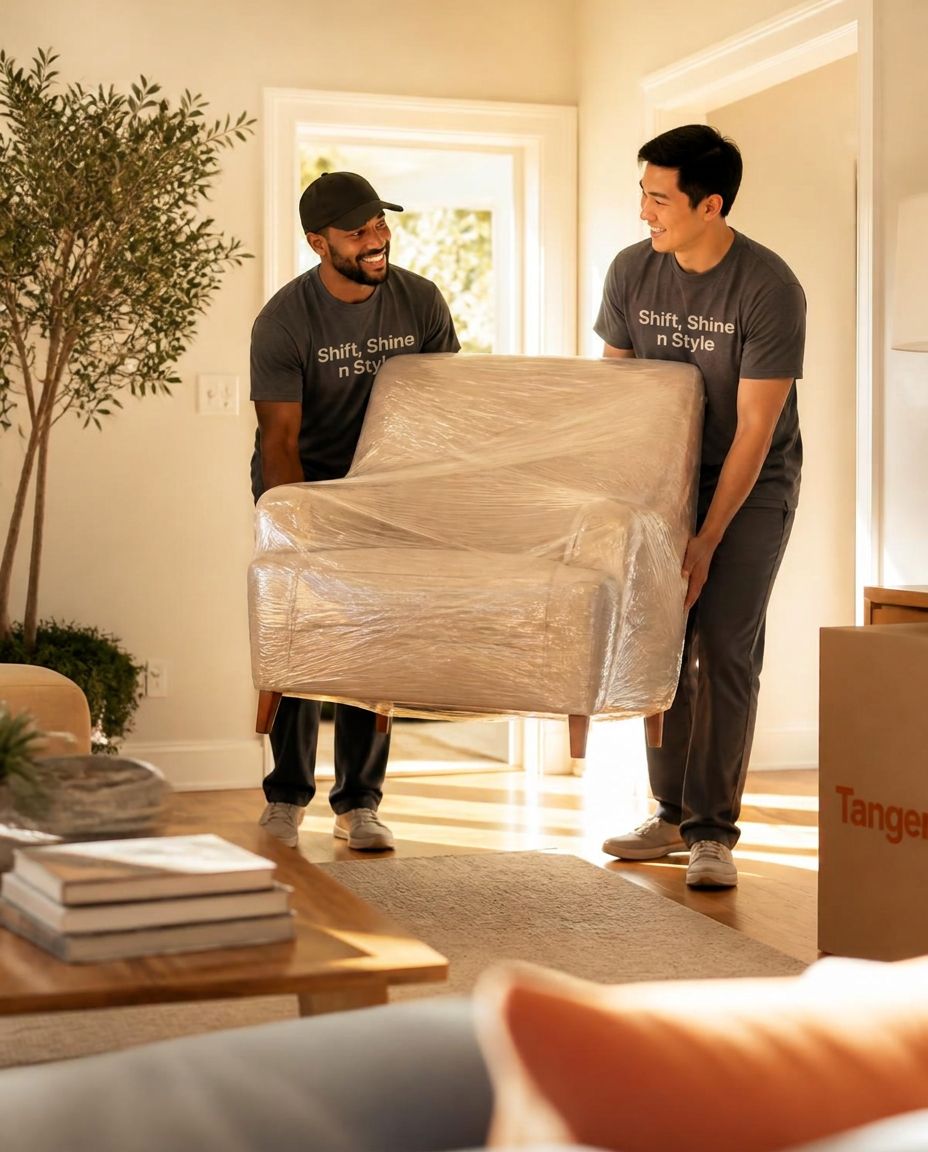 Two Shift, Shine n Style crew members carrying a wrapped armchair into a sunlit living room